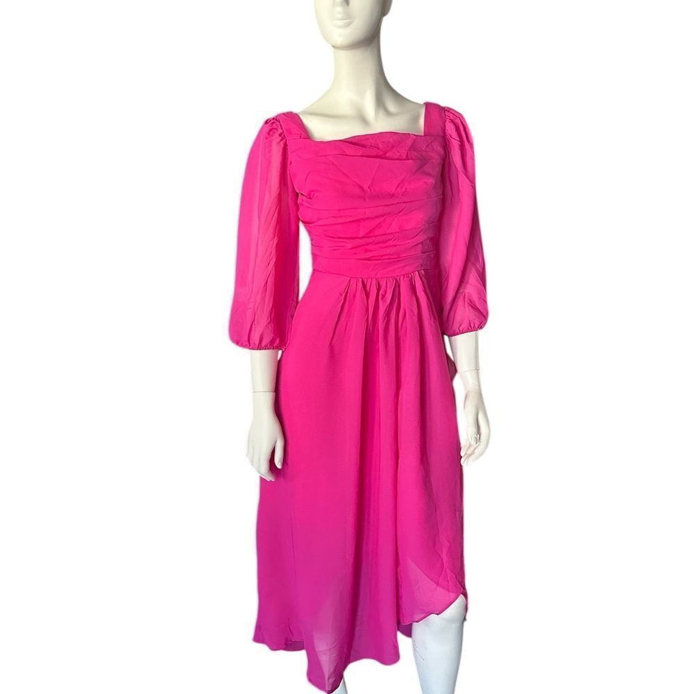 Sheer Three Quarter Sleeve Tufted Waist Bridesmaid Dress Pink 12 NWOT